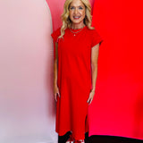 Red Short Sleeve Midi Dress