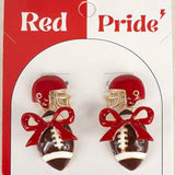 Red and gold 1.75-inch dangle earrings with bow and football design.