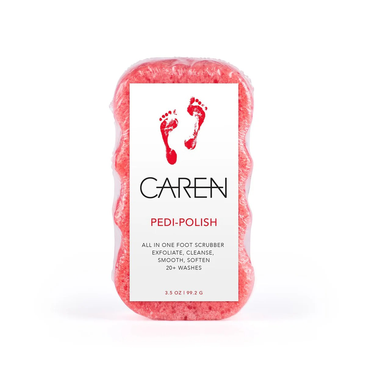 A soap-infused foot scrubber with a textured side for exfoliating.