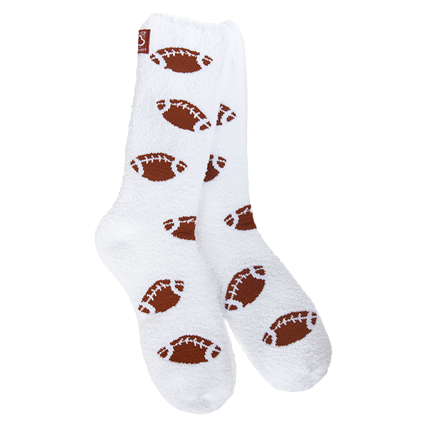 A pair of plush, white crew socks featuring a repeating all-over pattern of brown footballs.