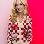 Queen of Sparkles checkered sequin and rhinestone game day cardigan.
