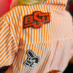 Close up of Queen Of Sparkles orange and white striped icon Oklahoma State University game day blouse.