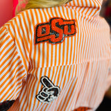 Close up of Queen Of Sparkles orange and white striped icon Oklahoma State University game day blouse.