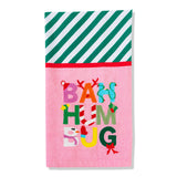 Pink Bah Humbug dish towel with candy cane letters and striped trim, 100% cotton.