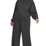 Black Scuba Pullover & Pants Set, plus size, stretch knit with relaxed fit for chic everyday comfort.