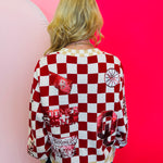 Back side of Queen of Sparkles checkered sequin and rhinestone game day cardigan.