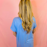 Spring Blue Rolled Sleeve V-Neck Top
