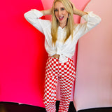 Red Demi Checkered Jeans, high-waist with a wide-leg