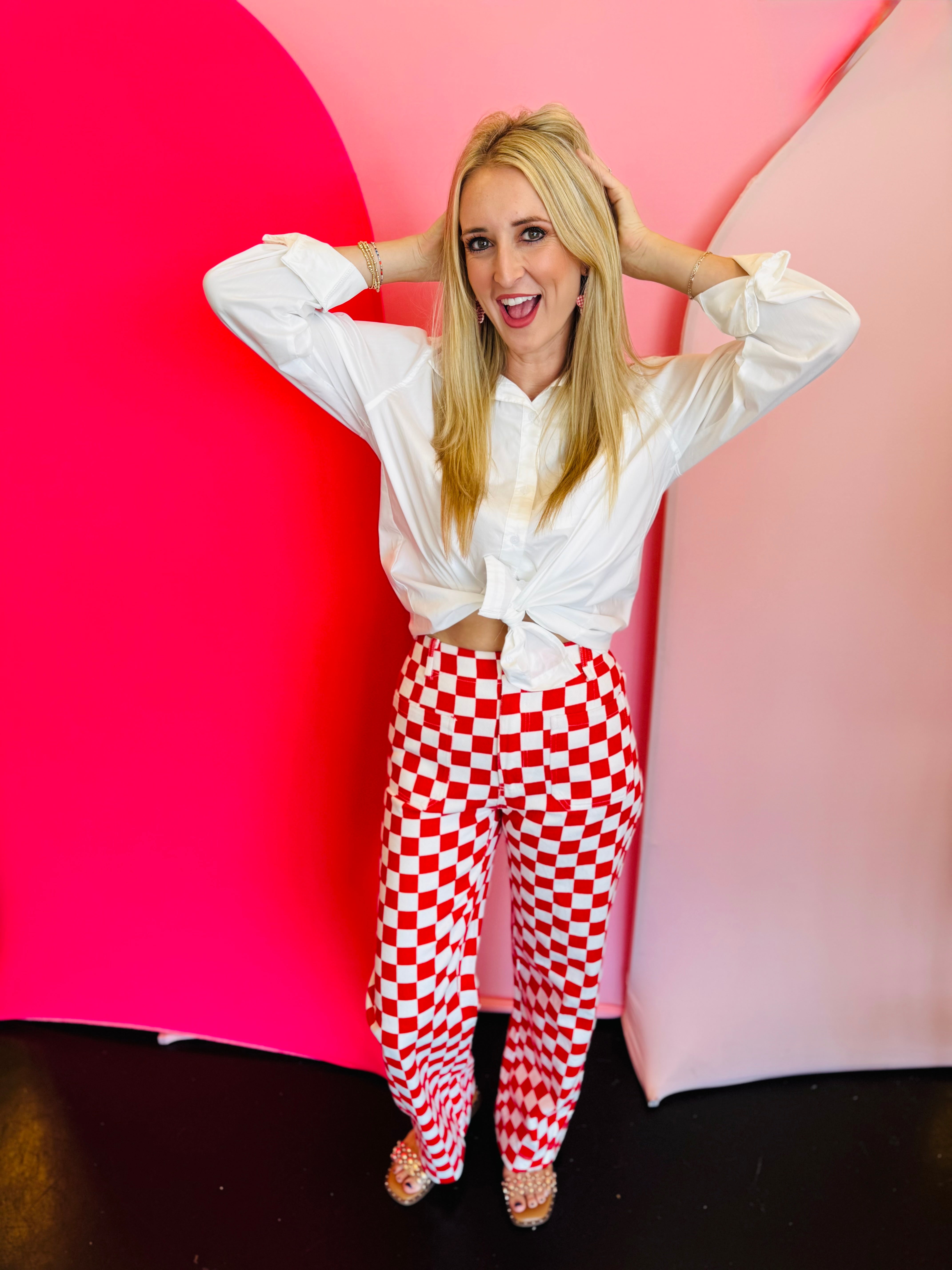 Red Demi Checkered Jeans, high-waist with a wide-leg