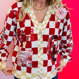 Close up of Queen of Sparkles checkered sequin and rhinestone game day cardigan.
