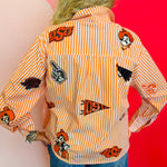 Back side of Queen Of Sparkles orange and white striped icon Oklahoma State University game day blouse.