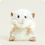 A soft, plush hamster toy, round and chubby with small ears and paws, designed to be microwavable.