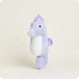 A soft, plush seahorse toy with a curled tail and fins, designed to be microwavable.