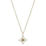 Capa Black Necklace, 16–18 in gold chain with pearl and black cross pendant.
