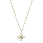 Capa Emerald Necklace, 16–18 in gold chain with pearl and emerald green cross pendant.