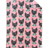 Crae Chick In Boots microfiber hand towel, 17x27 in, pink with chickens wearing teal boots.