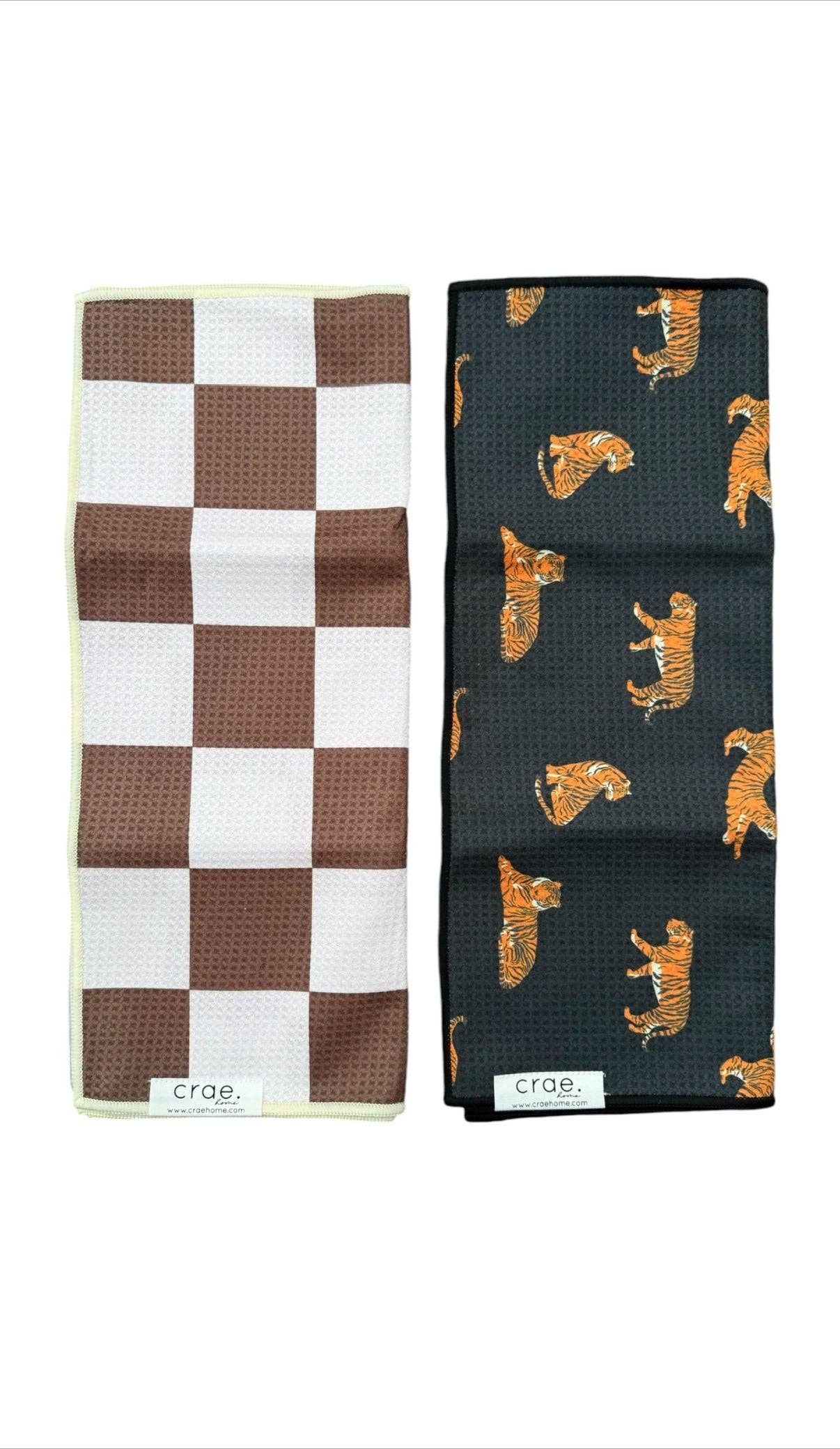 Crae Chocolate Check and Here Kitty Kitty towel set with checkerboard and bold tiger print designs.