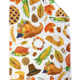 Crae Cornucopia microfiber hand towel, 17x27 in, white with colorful Thanksgiving pumpkins, cornucopias, and turkeys.