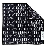 EEEEEk microfiber washcloth, 12x12 in, black with repeating white “EEEEEk” Halloween lettering.