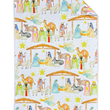 Crae Hallelujah microfiber hand towel, 17x27 in, white with watercolor nativity scene and golden stars.