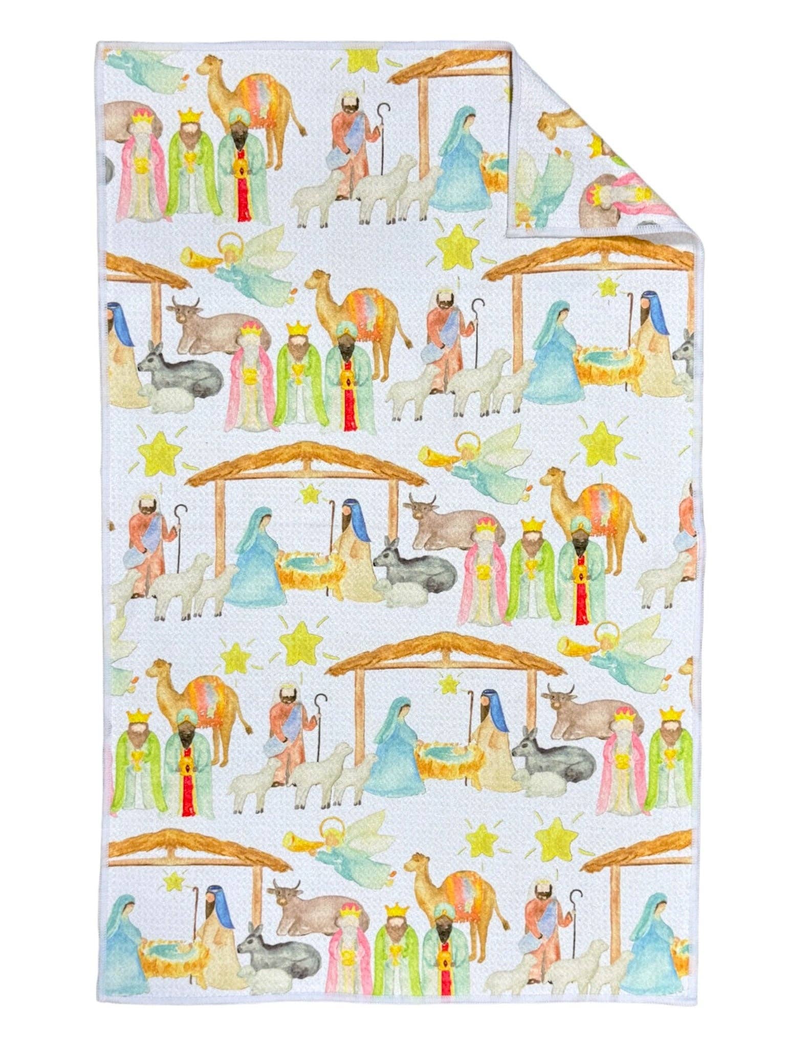 Crae Hallelujah microfiber hand towel, 17x27 in, white with watercolor nativity scene and golden stars.