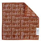 Crae Thankful microfiber washcloth, 12x12 in, brown with cream “Thankful, Grateful, Blessed” lettering.
