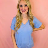 Spring Blue Rolled Sleeve V-Neck Top