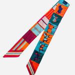 Teal, Orange & Magenta thin scarf tie with horses and geometric stripe detail.