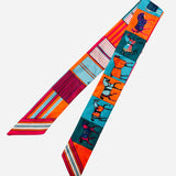 Teal, Orange & Magenta thin scarf tie with horses and geometric stripe detail.
