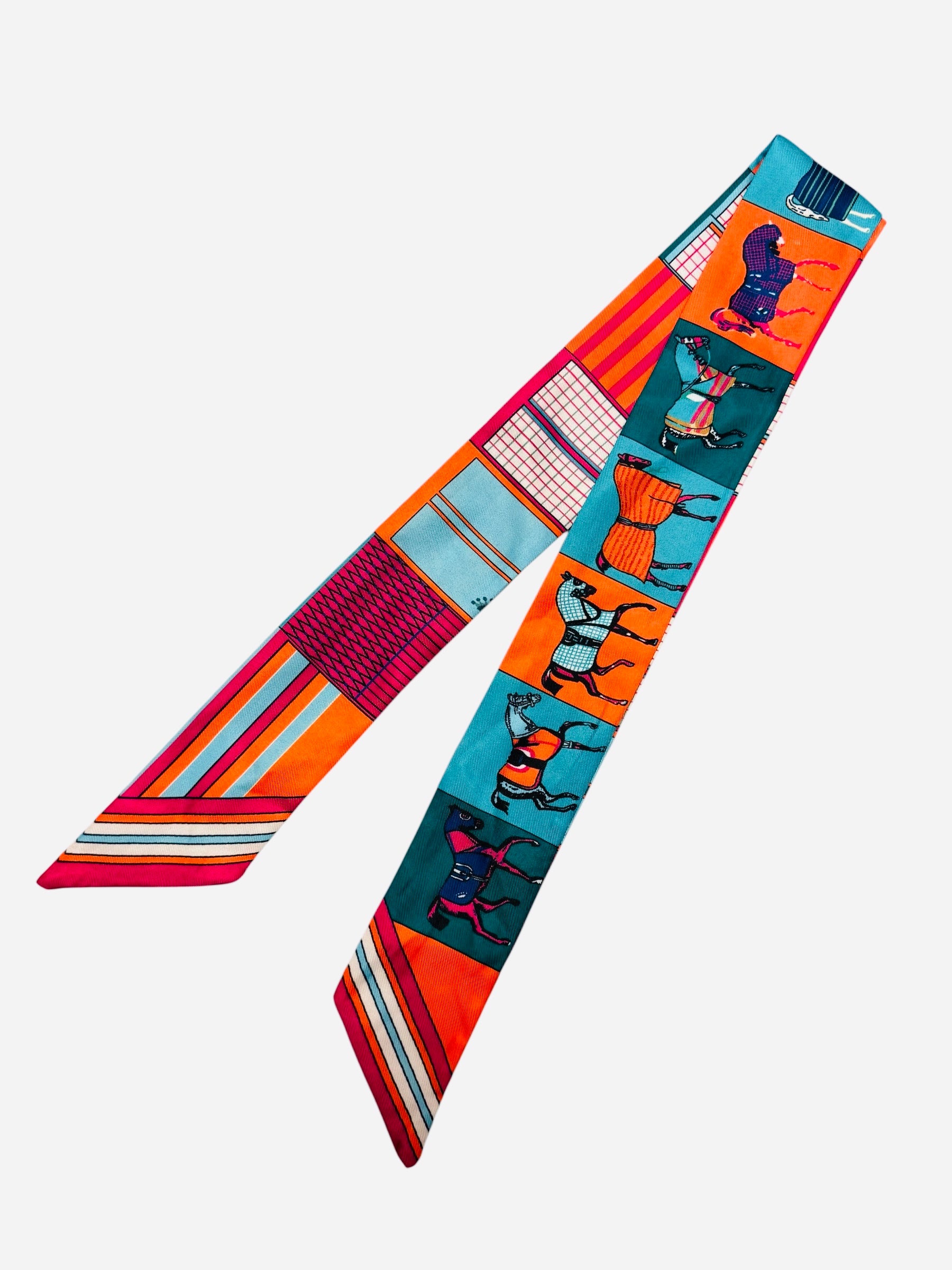 Teal, Orange & Magenta thin scarf tie with horses and geometric stripe detail.