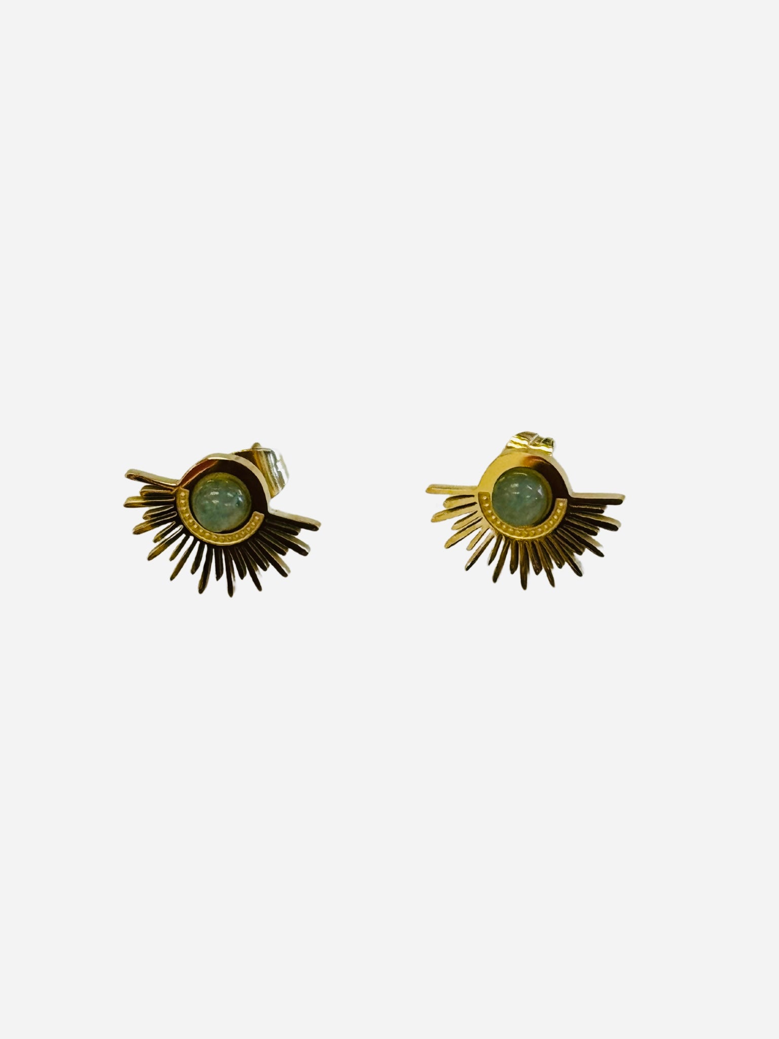 Bara Boheme elegant deco green opal stud earrings, waterproof 14K gold filled.