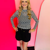 long sleeve black and white checkered mesh top