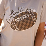 Cream tultex soft tee with brown checkered football graphics.