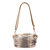 Hammitt Taupe and charcoal metallic leather crossbody clutch with gold hardware, camel back, and red lining.