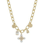Dev Gold Necklace, 16–18 in chunky gold link chain with pearl cross, hammered coin, and rhinestone charms.
