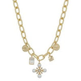 Dev Gold Necklace, 16–18 in chunky gold link chain with pearl cross, hammered coin, and rhinestone charms.