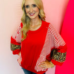 Red, stripe, and leopard oversized Dolman style long sleeve sweatshirt.