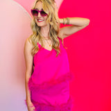 Full-body view of model wearing the Sawtelle Berry Gradient Sunglasses paired with a bright pink outfit, capturing a bold and coordinated fashion statement.