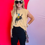 Model wearing the leopard clear purse with gold chain strap.