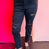 Zenana black distressed cropped denim jeans with high rise, cropped inseam, and comfortable stretch fit.