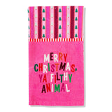 Pink Filthy Animal dish towel with colorful lettering and Christmas tree border, 100% cotton.