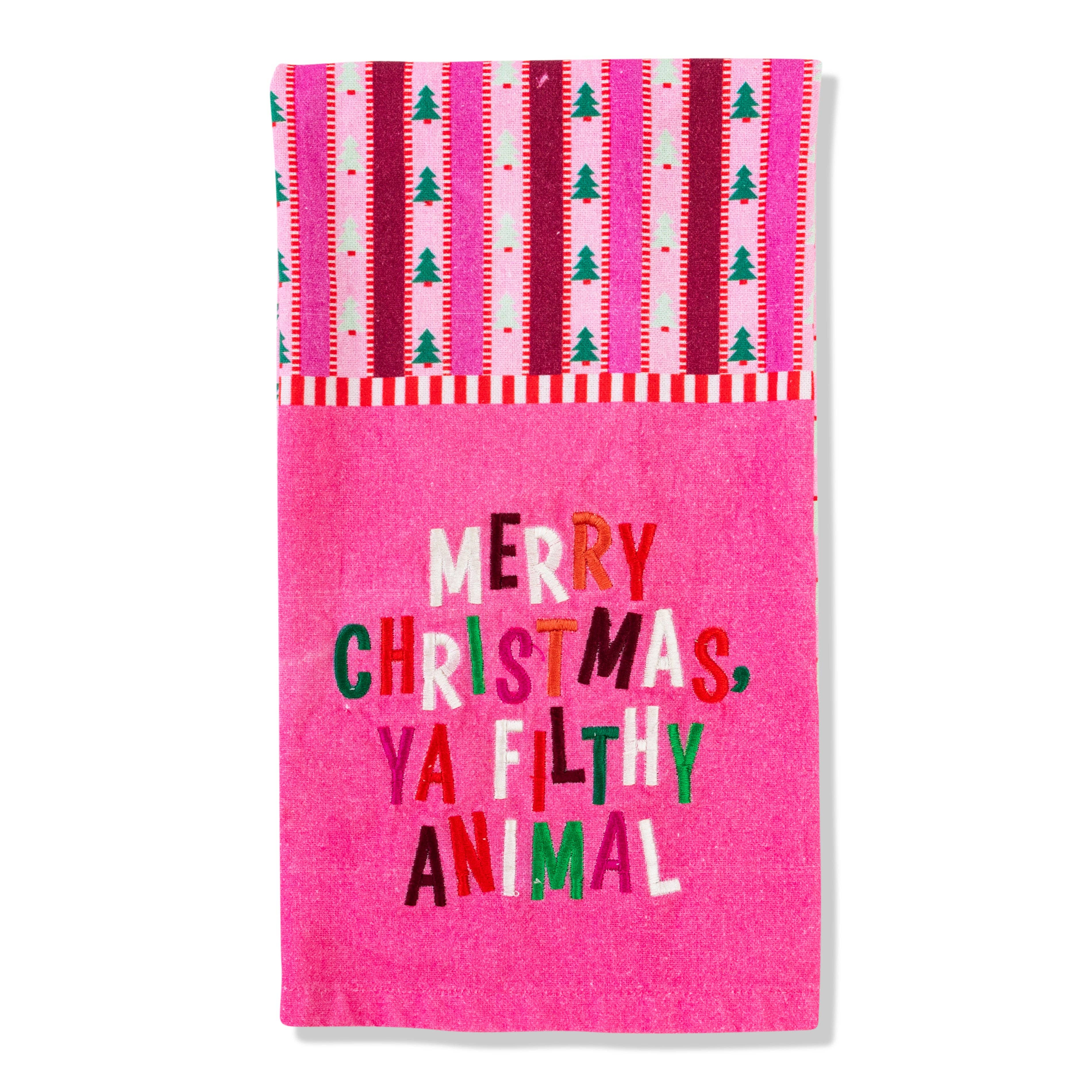 Pink Filthy Animal dish towel with colorful lettering and Christmas tree border, 100% cotton.