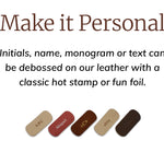 Personalization options for Jon Hart Designs handmade luggage and handbags.