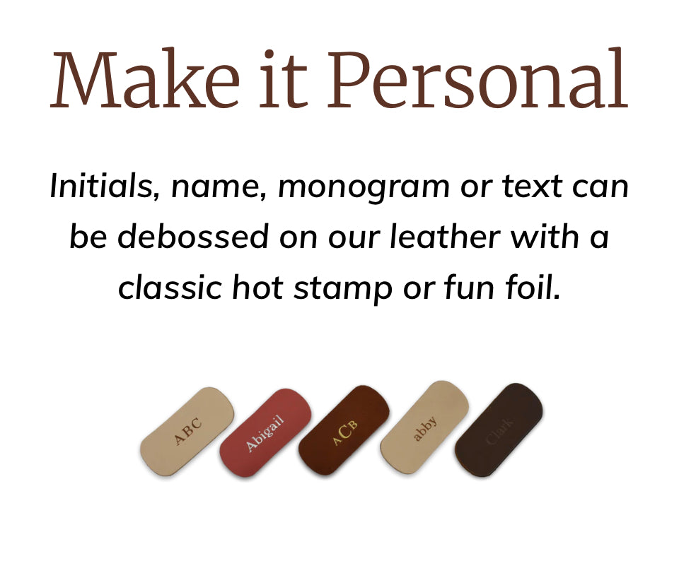 Personalization options for Jon Hart Designs handmade luggage and handbags.