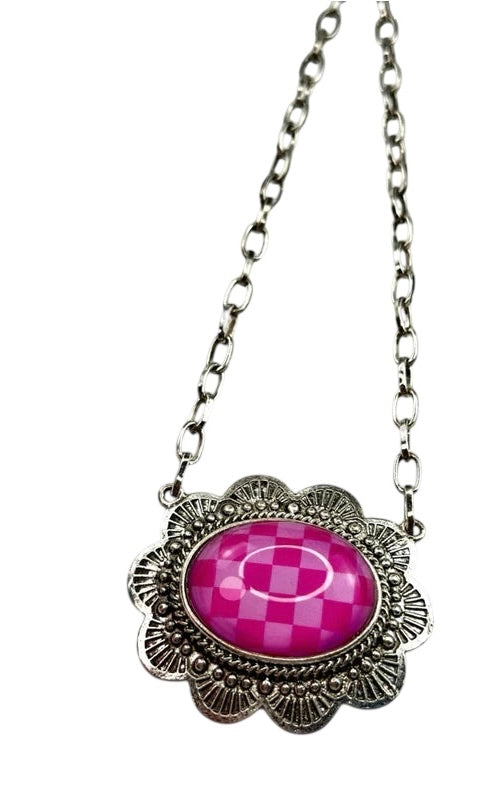 Pink Checkerboard Scalloped Necklace
