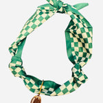 Green and white checkered football charm scarf necklace, adjustable tie design, perfect for game day wear.