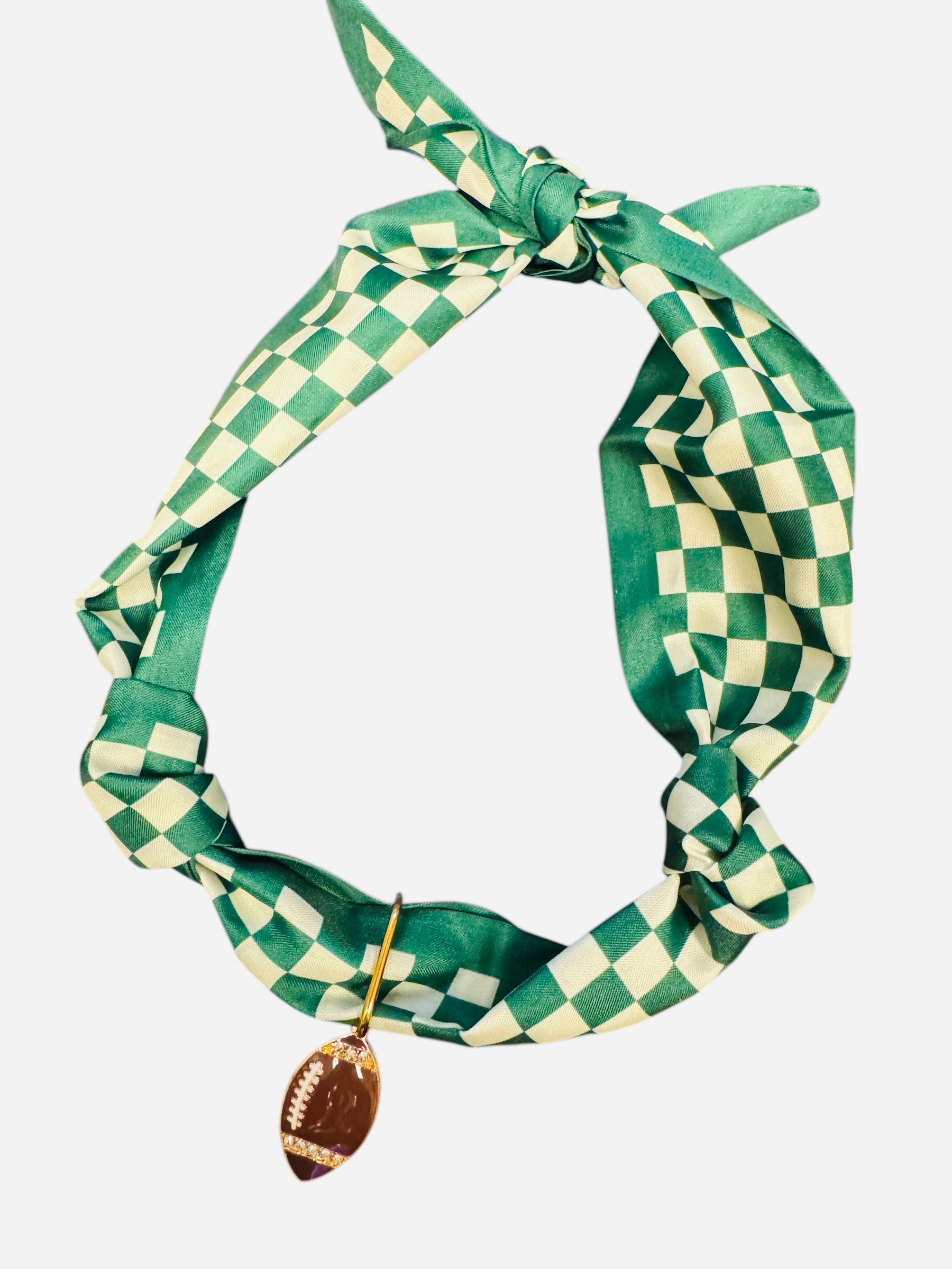 Green and white checkered football charm scarf necklace, adjustable tie design, perfect for game day wear.