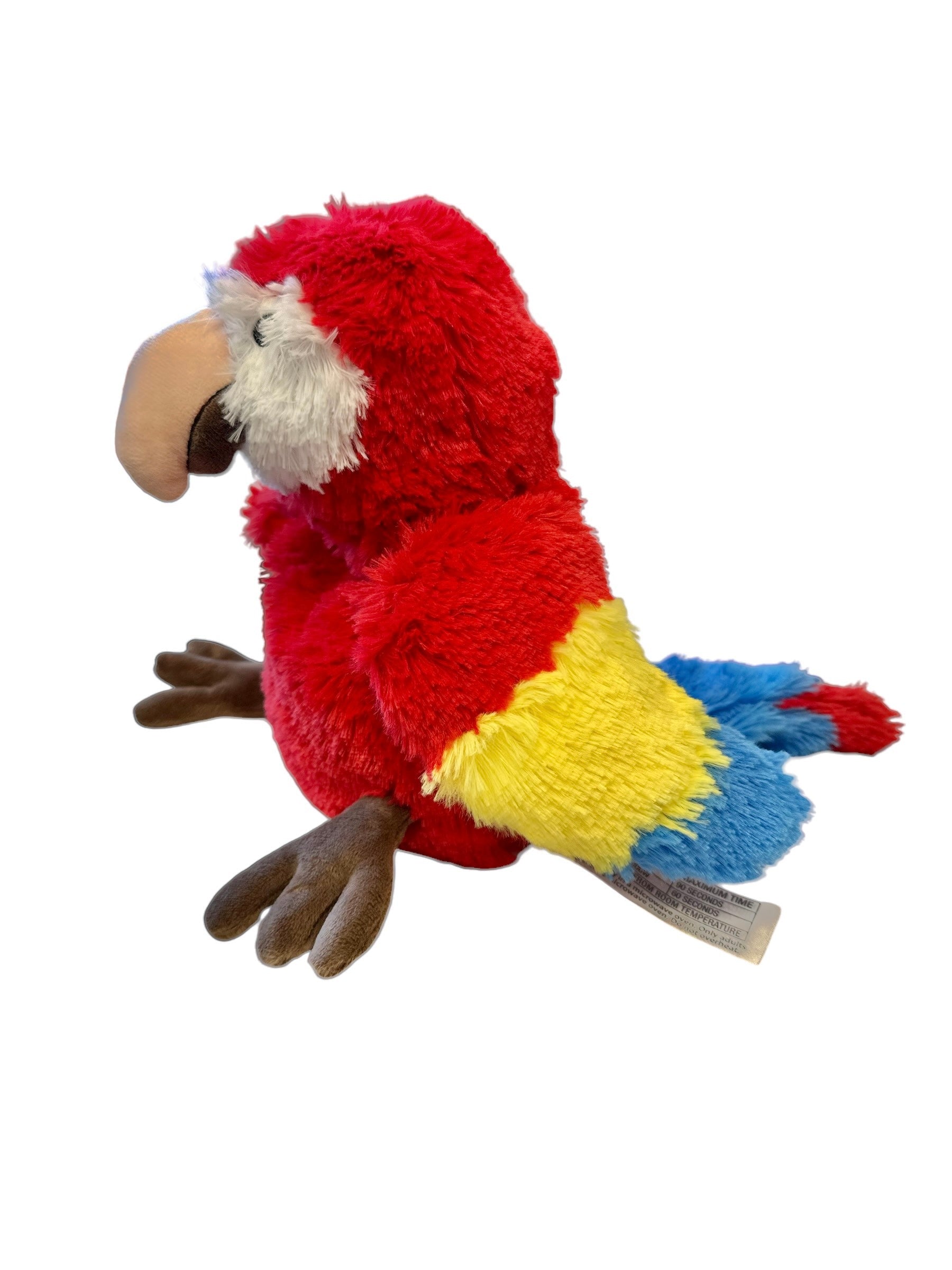 Colorful 13-inch Parrot Warmies plush, weighted and scented with French lavender, designed to be microwaved for warmth or chilled for cooling relief.
