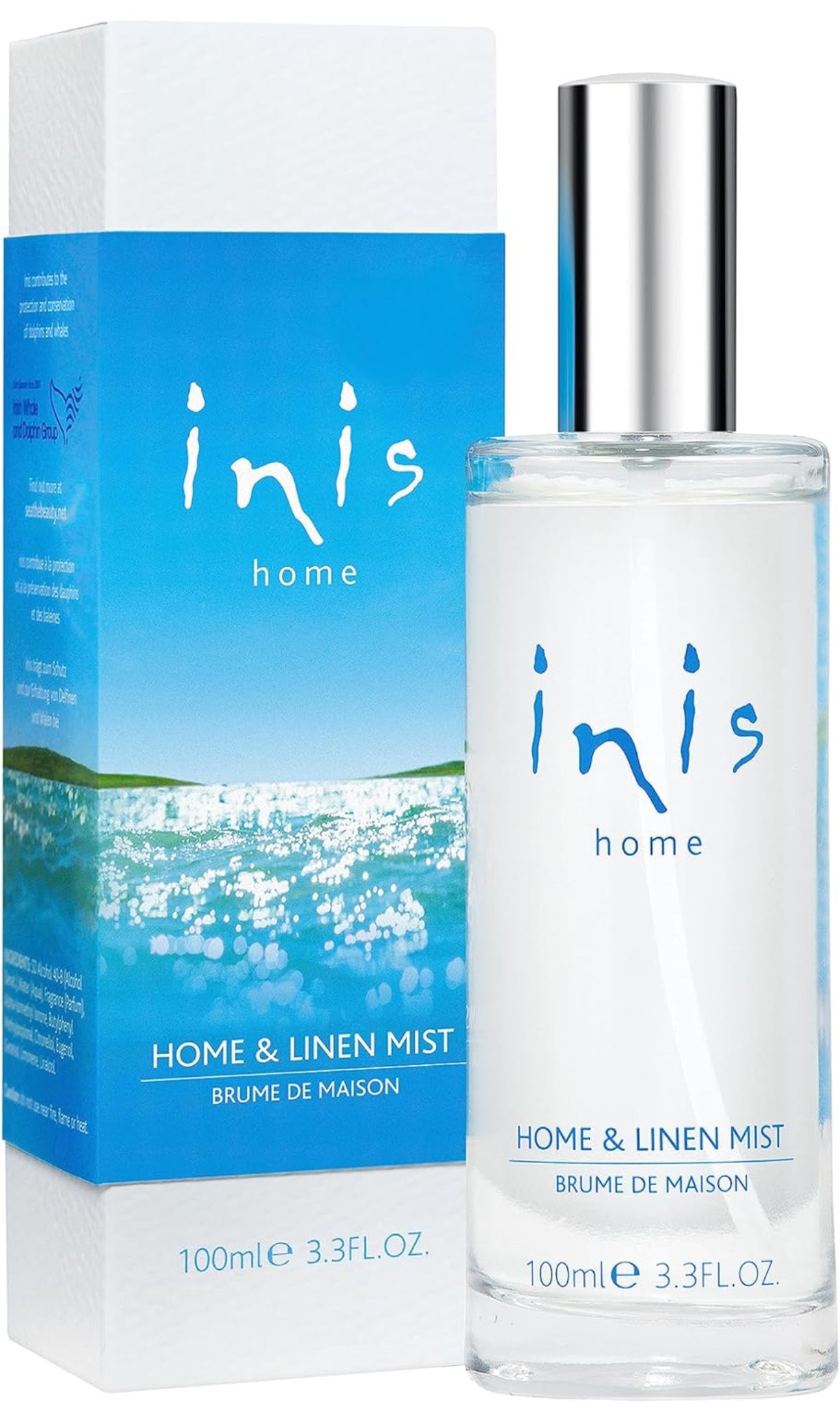 The 3.3 oz Inis Home & Linen Mist in its elegant, clear glass spray bottle.