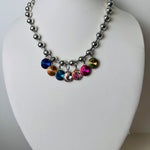 silver beaded necklace with multicolor rhinestone charms